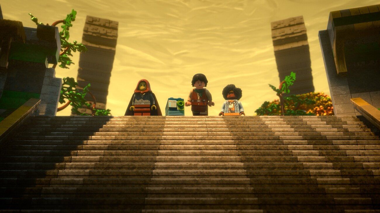 (L-R) Jedi Bob (Bobby Moynihan), Servo (Michael Cusack), Sig Greebling (Gaten Matarazzo), and Yesi Scala (Marsai Martin) in a scene from LEGO® Star Wars: Rebuild the Galaxy - Pieces of the Past.