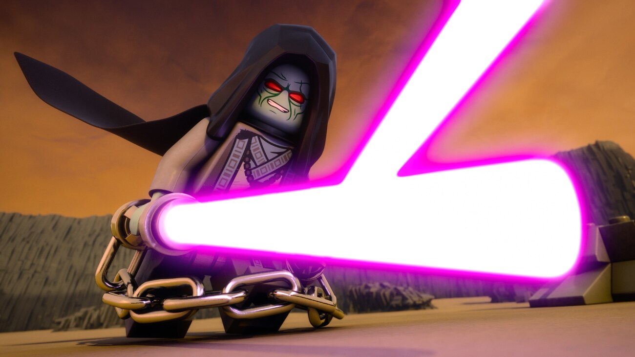 The mysterious Solitus (Dan Stevens) wields two chained purple lightsabers in a scene from LEGO® Star Wars: Rebuild the Galaxy - Pieces of the Past.