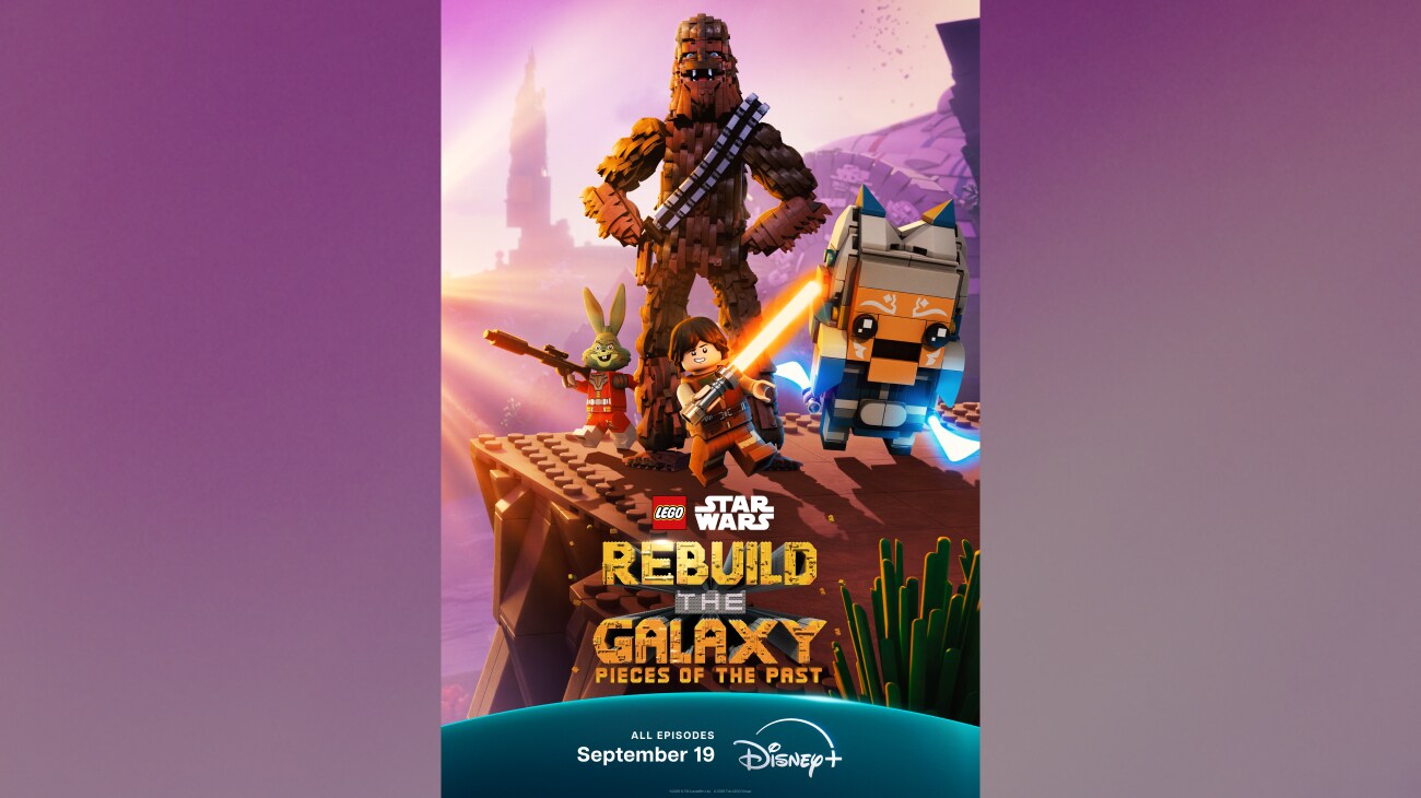Animated image of LEGO® versions of Chewbacca, Jedi Bob, Ahsoka Tano, and Jaxxon standing on a ledge from the Disney+ Original series, "LEGO® Star Wars: Rebuild the Galaxy - Pieces of the Past.