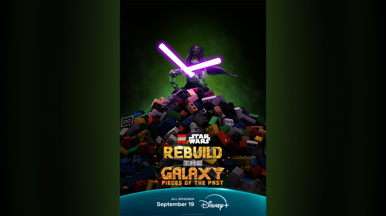 Image of fallen Jedi Solitus wielding dual lightsabers while standing on top of a pile of LEGO® bricks. | LEGO® Star Wars: Rebuild the Galaxy - Pieces of the Past | All episodes September 19 | Disney+ | movie poster