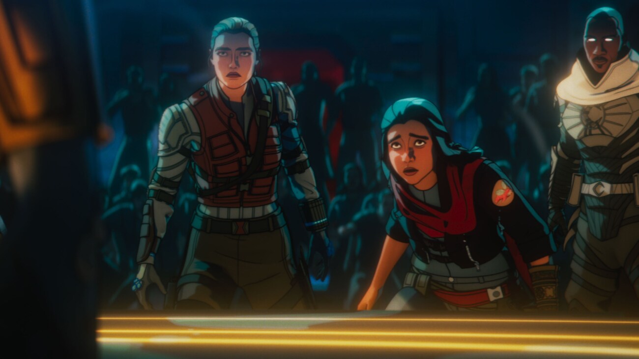 (L-R): Alexei Shostakov/ Red Guardian (voiced by David Harbour), Yelena Belova (voiced by Florence Pugh), Kamala Khan (voiced by Iman Vellani) and Blade Knight (voiced by Todd Williams) in Marvel Television's MARVEL ZOMBIES exclusively on Disney+. Photo courtesy of Marvel Television. © 2025 MARVEL.