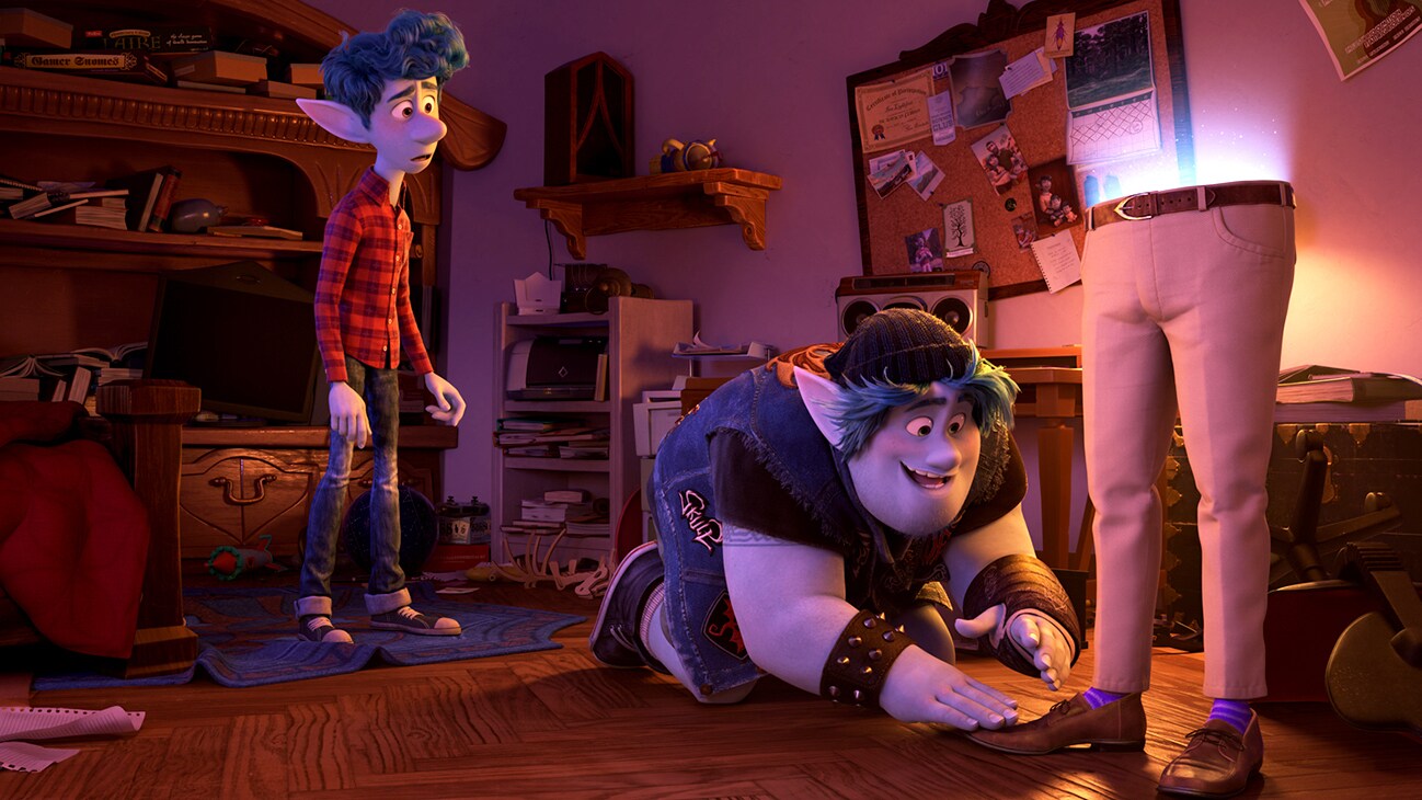 Elf brothers Ian (voice of Tom Holland) and Barley (voice of Chris Pratt) look at their dad's purple socks from the Disny•Pixar movie Onward.