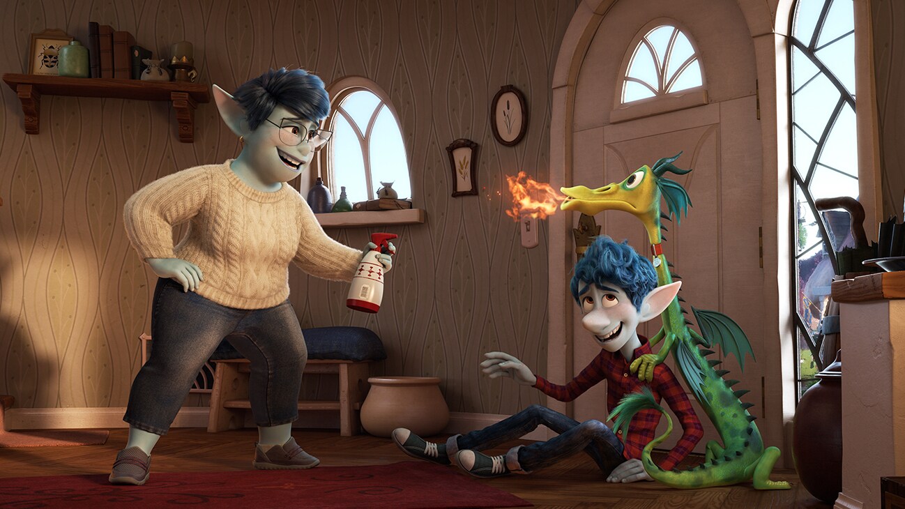  Ian (voice of Tom Holland) and his mom Laurel Lightfoot (voice of Julia Louis-Dreyfus) play with their pet dragon, Blazey from the Disney•Pixar movie Onward.