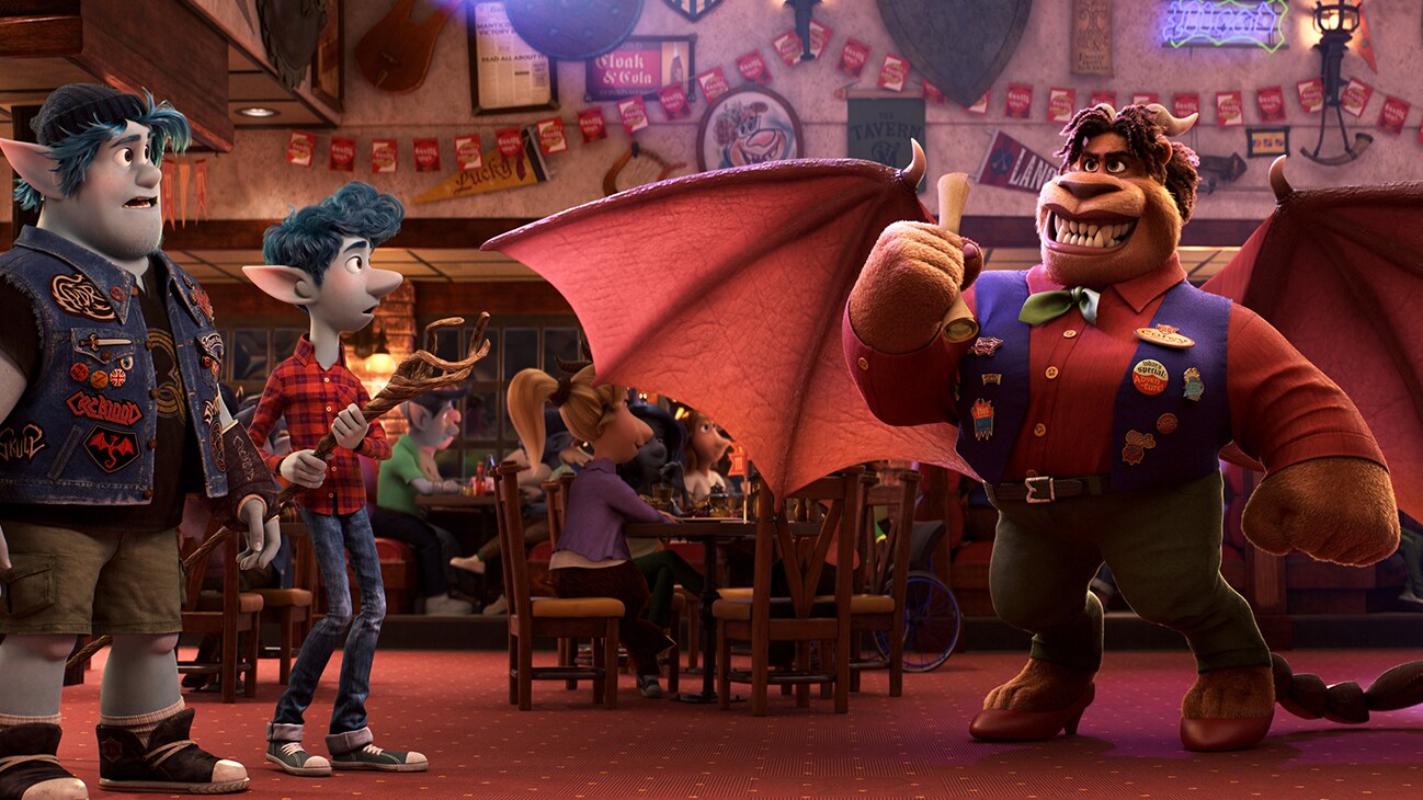 Elf brothers Ian (voice of Tom Holland) and Barley (voice of Chris Pratt) visit The Manticore (voice of Octavia Spencer) from the Disney•Pixar movie Onward.