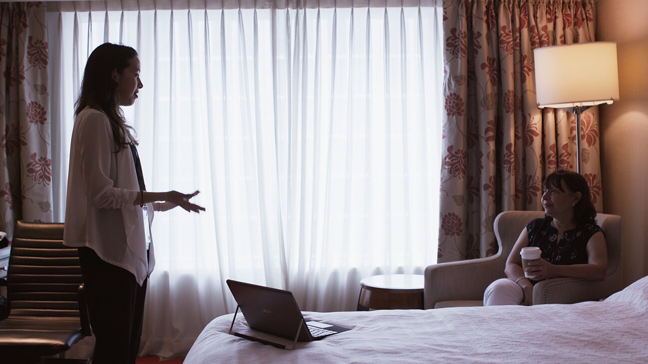 Macau, China - Daniela Blanco (L) practices her pitch with her mother, Maria Eugenia Blanco. (Credit: Future of Work Film Inc)