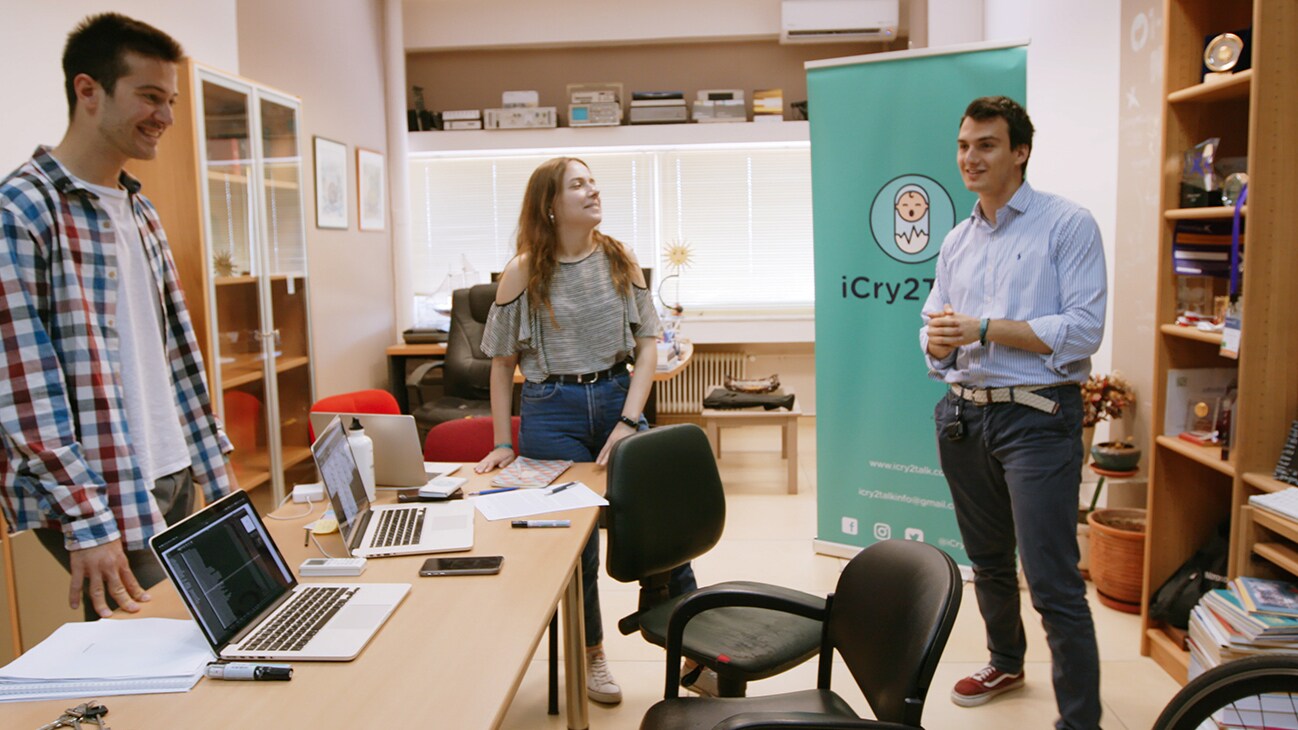 Thessaloniki, Greece - (L to R) iCry2Talk co-founders Andreas Loutzidis, Anastasia Ntracha and Jason Hadzikostas. (Credit: Future of Work Film Inc)