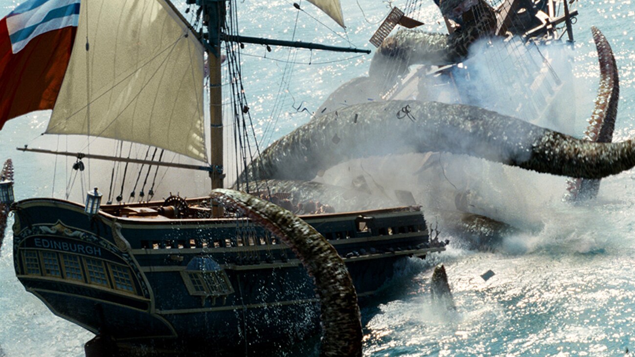 Image of a ship being grasped by a huge tentacle in the Disney movie Pirates of the Caribbean: Dead Man's Chest.