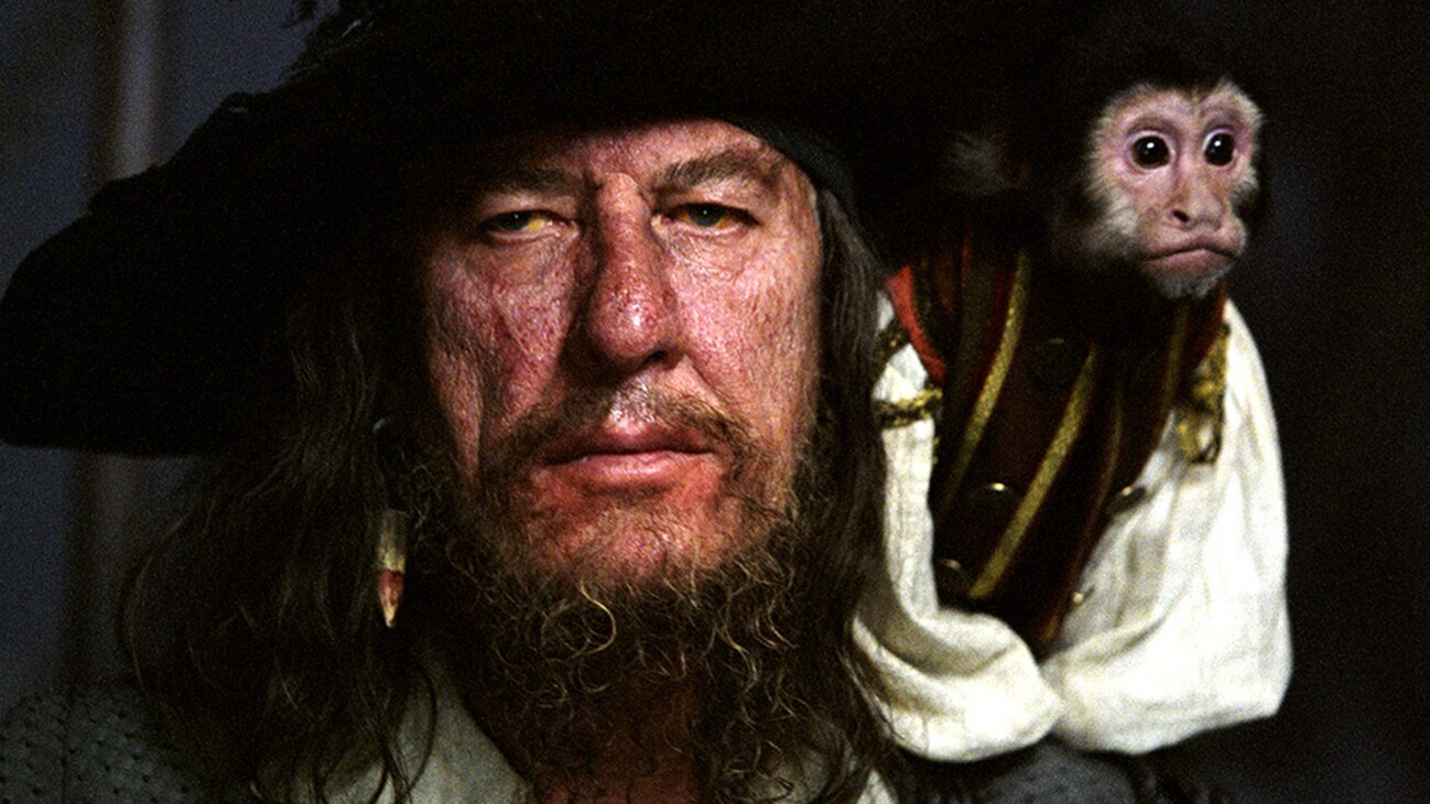 Barbossa (Geoffrey Rush) in the Disney movie Pirates of the Caribbean: The Curse of the Black Pearl.