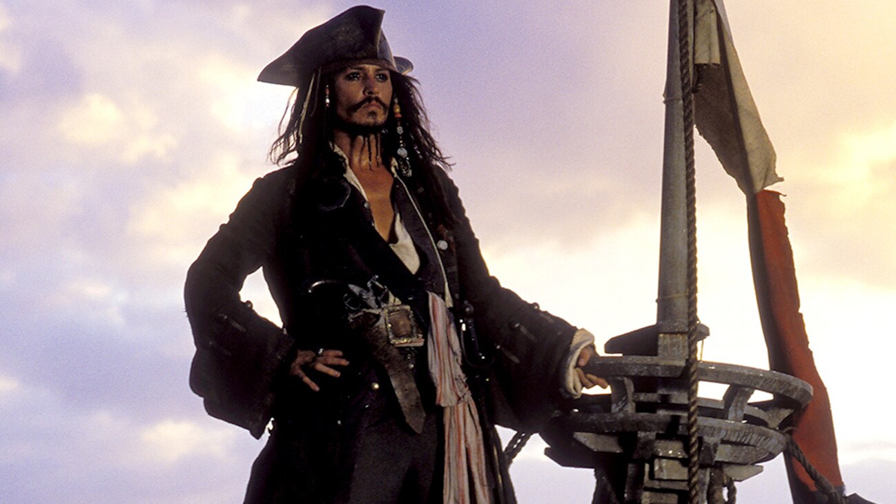 Jack Sparrow (Johnny Depp) in the Disney movie Pirates of the Caribbean: The Curse of the Black Pearl.