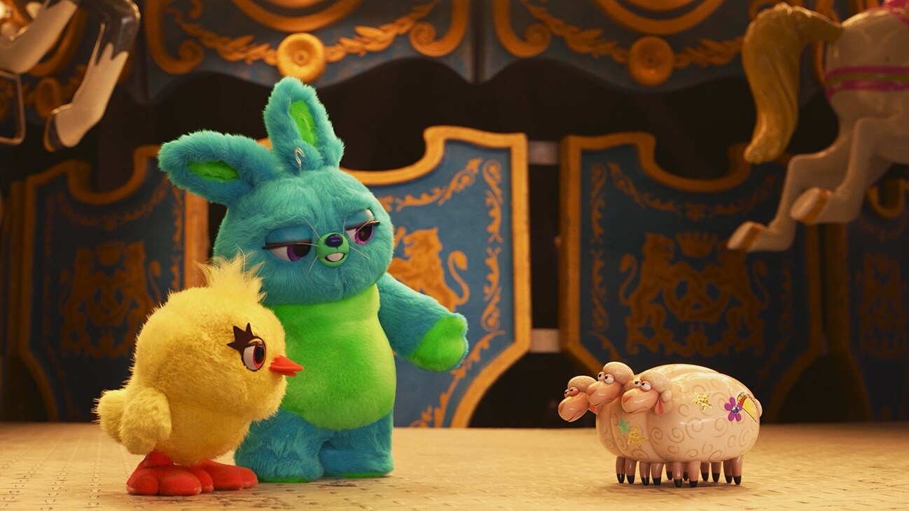 Image of Ducky, Bunny, and Bo Peep's sheep from the Disney+ Original series "Pixar Popcorn".