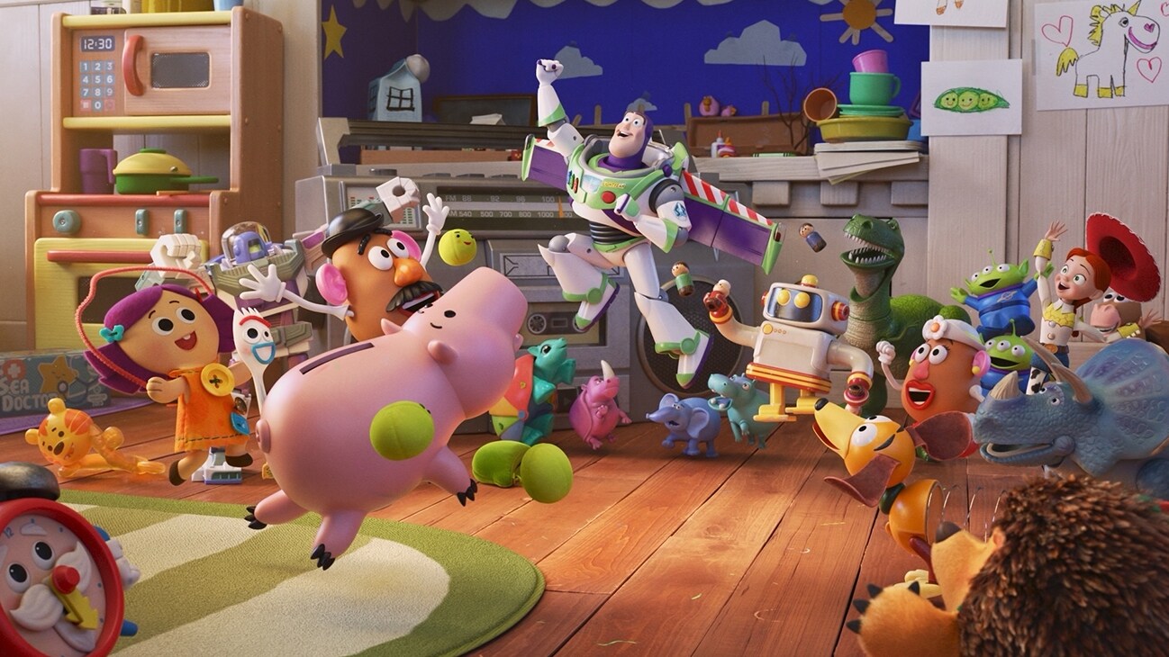 Image of Hamm, Mr. Potato Head, Buzz Lightyear, and several other Toy Story characters from the Disney+ Original series "Pixar Popcorn".