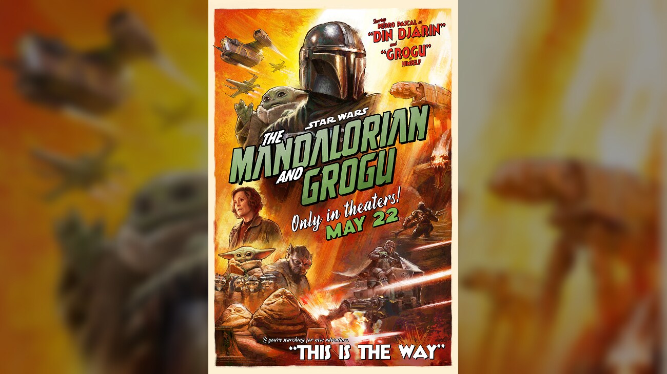 Image of Din Djarin and Grogu along with several other characters and vehicles from the Lucasfilm movie, "The Mandalorian and Grogu."