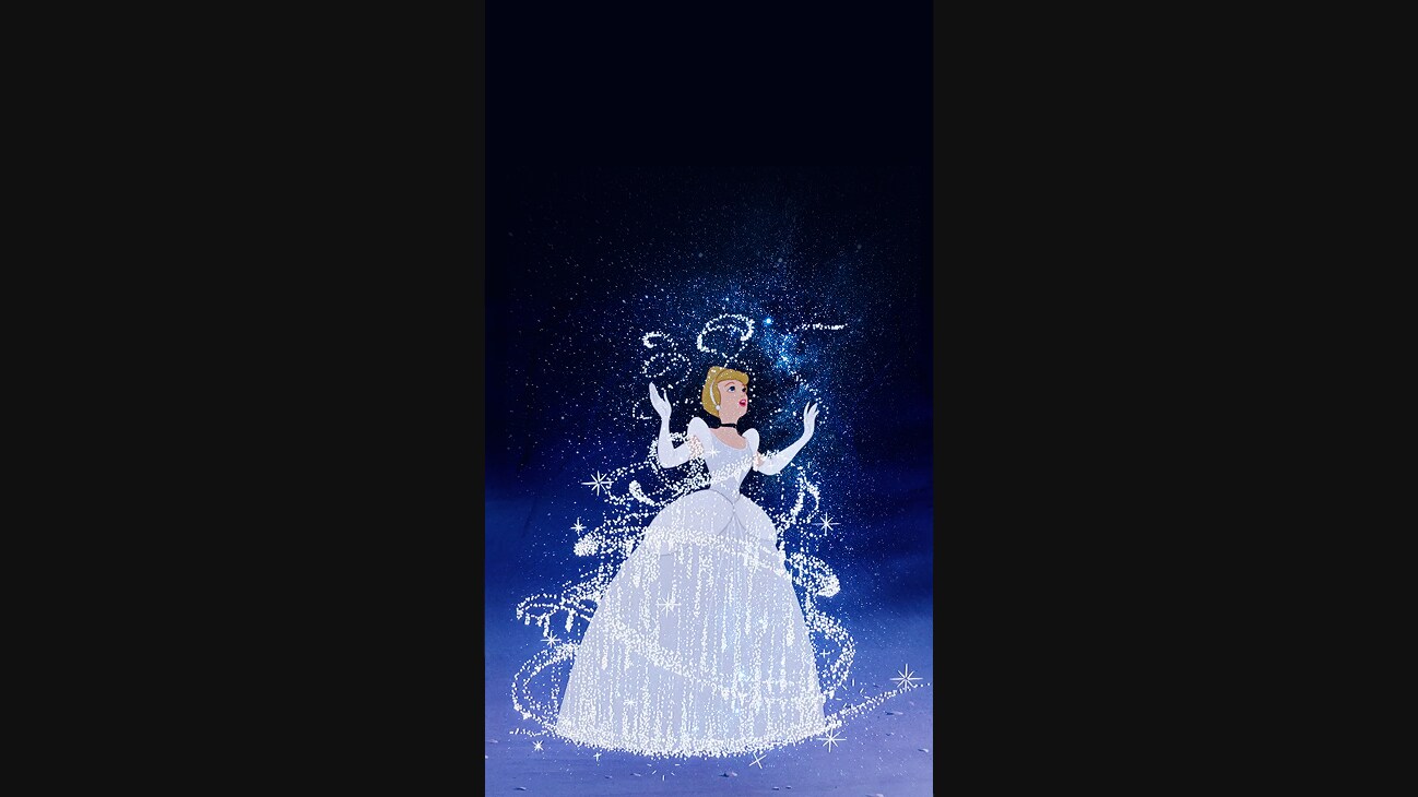 Cinderella in a sparkling blueish-white ballgown.