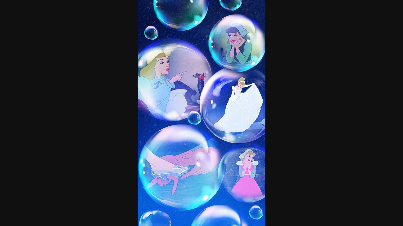 Various scenes from Cinderella in bubbles.