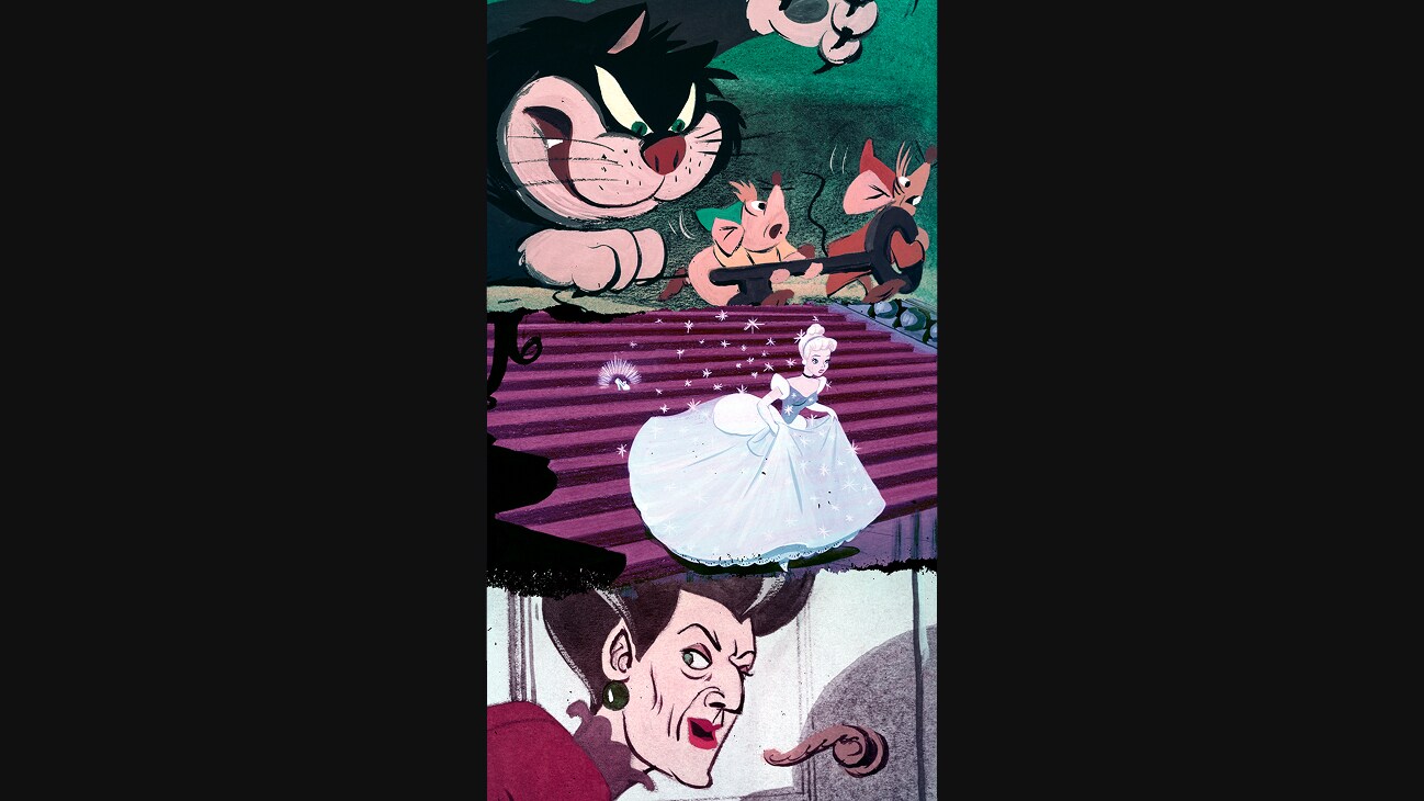 (Top - Bottom): Lucifer the cat chasing the mice Jaq and Gus, Cinderella running down the stairs from the ball, and Lady Tremaine outside a door.