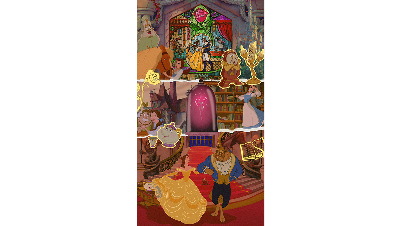 Beauty and the Beast decorative phone wallpaper featuring characters from the animated movie, including Belle, Beast, Cogsworth, Lumiere, Mrs. Potts, and Chip.