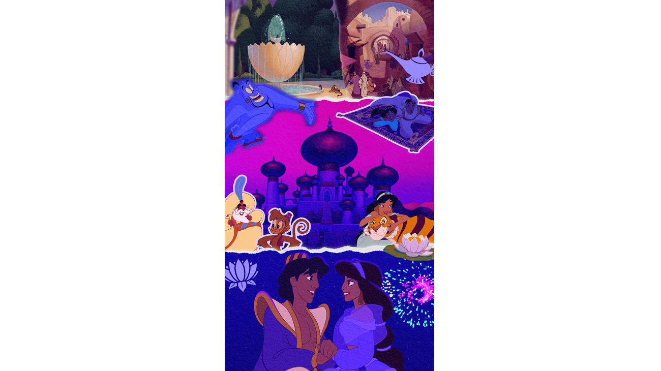 Aladdin decorative phone wallpaper featuring characters from the animated movie, including Jasmine, Aladdin, Rajah, and Abu. 