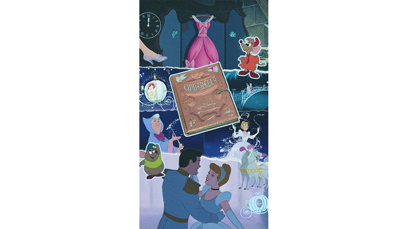 Cinderella decorative phone wallpaper featuring characters from the animated movie, including Cinderella and her Fairy Godmother.