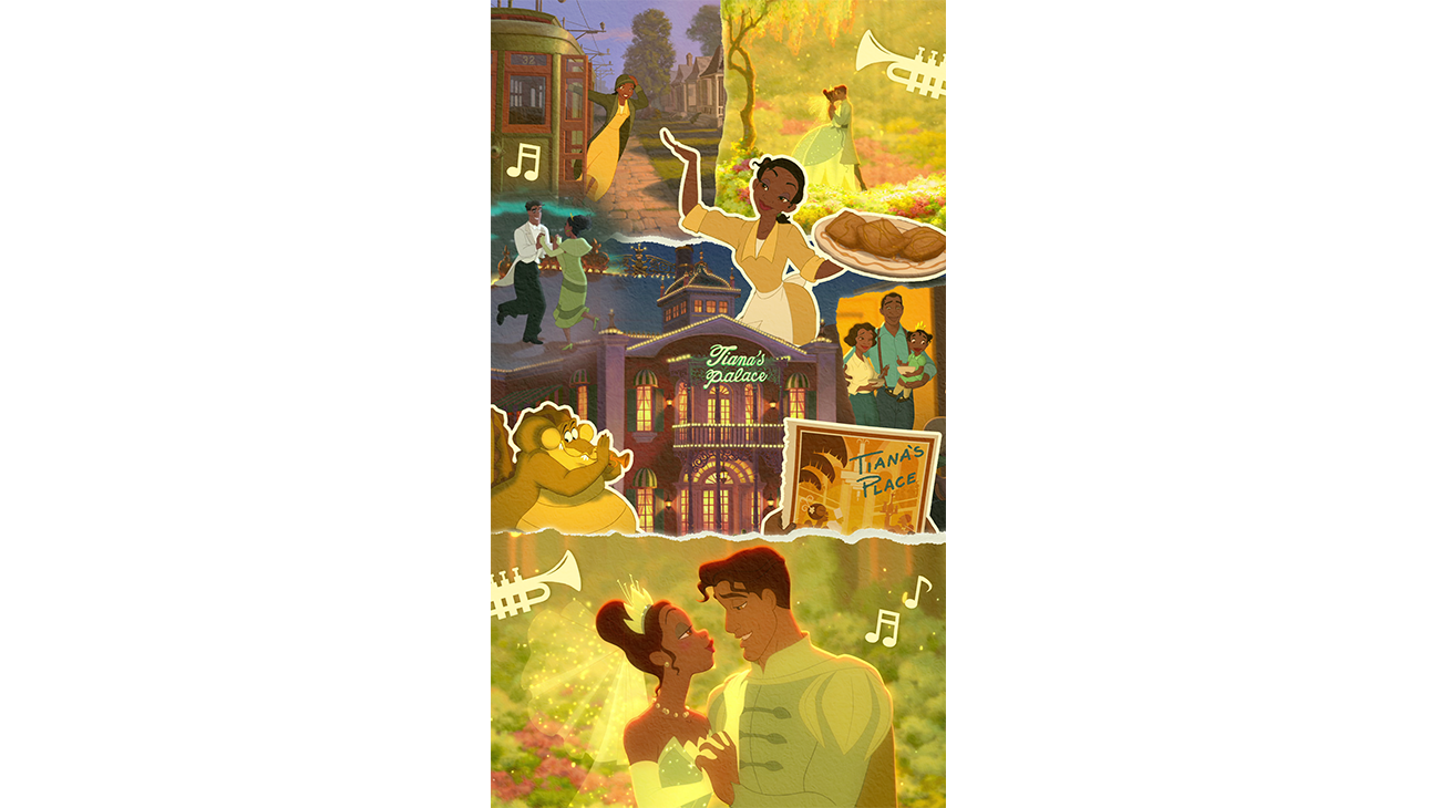 The Princess and the Frog decorative phone wallpaper featuring characters from the animated movie, including Tiana and Prince Naveen.