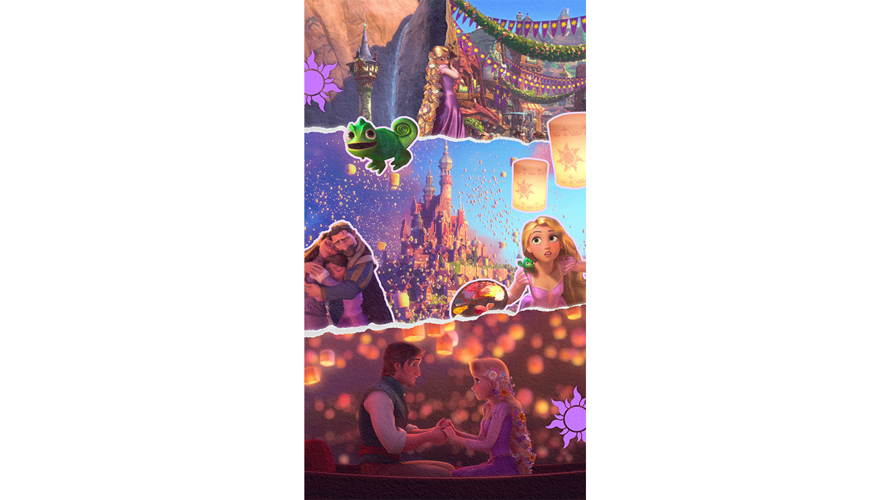 Tangled decorative phone wallpaper featuring characters from the animated movie, including Rapunzel, Flynn Rider, and Pascal.