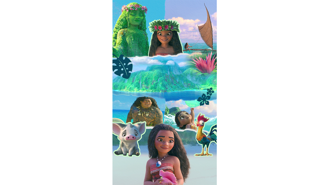 Moana decorative phone wallpaper featuring characters from the animated movie, including Moana, Pua, Maui, and Hei Hei.