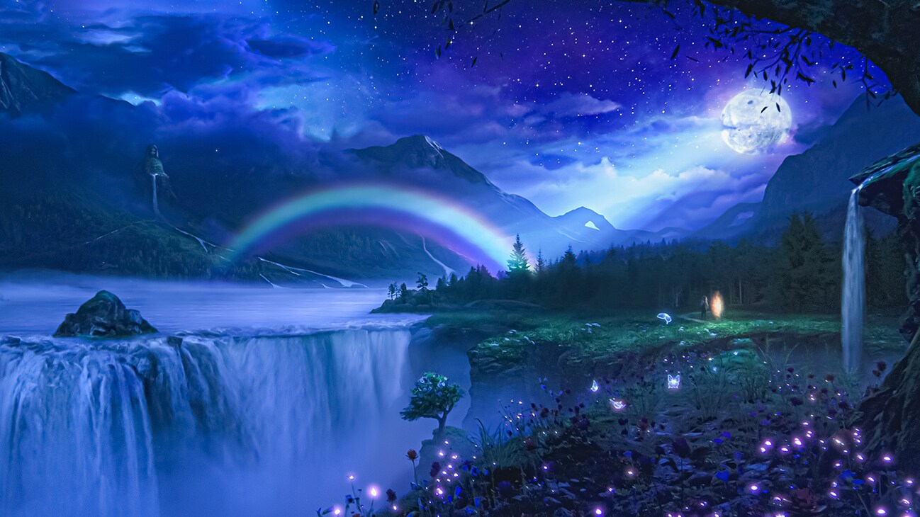 Image of a large waterfall and glowing flowers in front of a rainbow and mountains from the Disney+ movie, "Remembering".