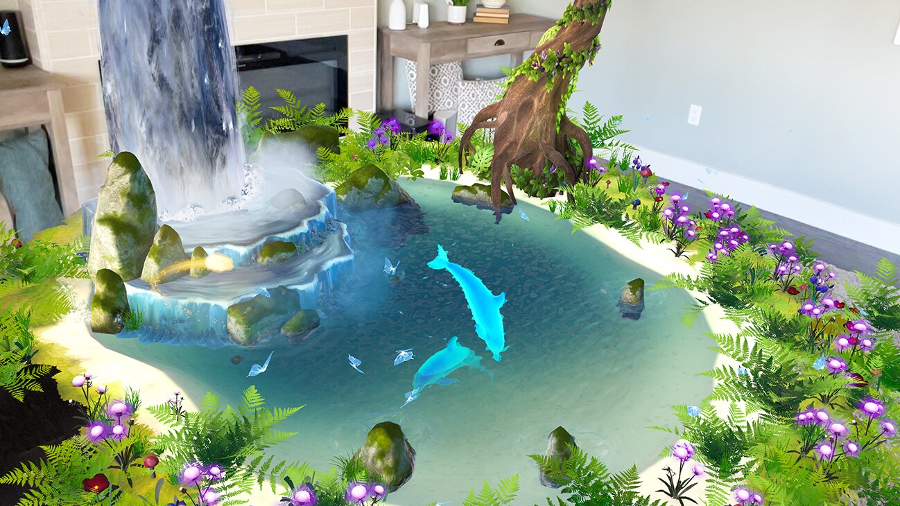 Image of VR dophins swimming in a pool in front of a waterfall in a living room from the Disney+ AR short, "Remembering".