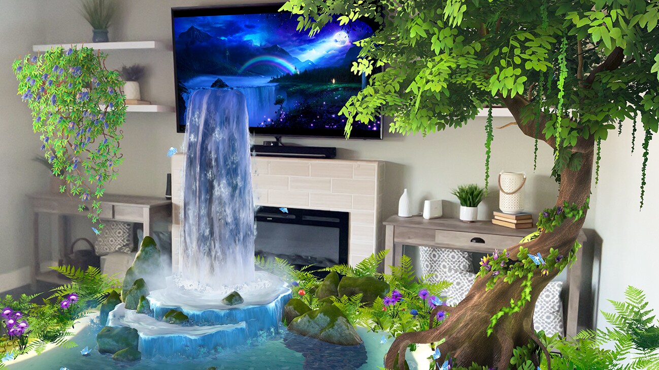 Closeup image of a VR waterfall falling from a TV screen into a pool within in a living room from the Disney+ AR short, "Remembering".