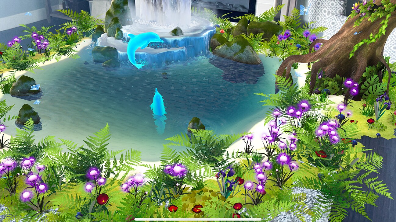 Image of VR dophins swimming in a pool in front of a waterfall from the Disney+ AR short, "Remembering".