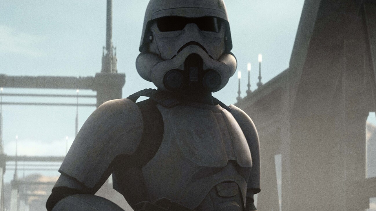 A stormtrooper in a scene from "STAR WARS: THE BAD BATCH", season 3 exclusively on Disney+. © 2024 Lucasfilm Ltd. & ™. All Rights Reserved.