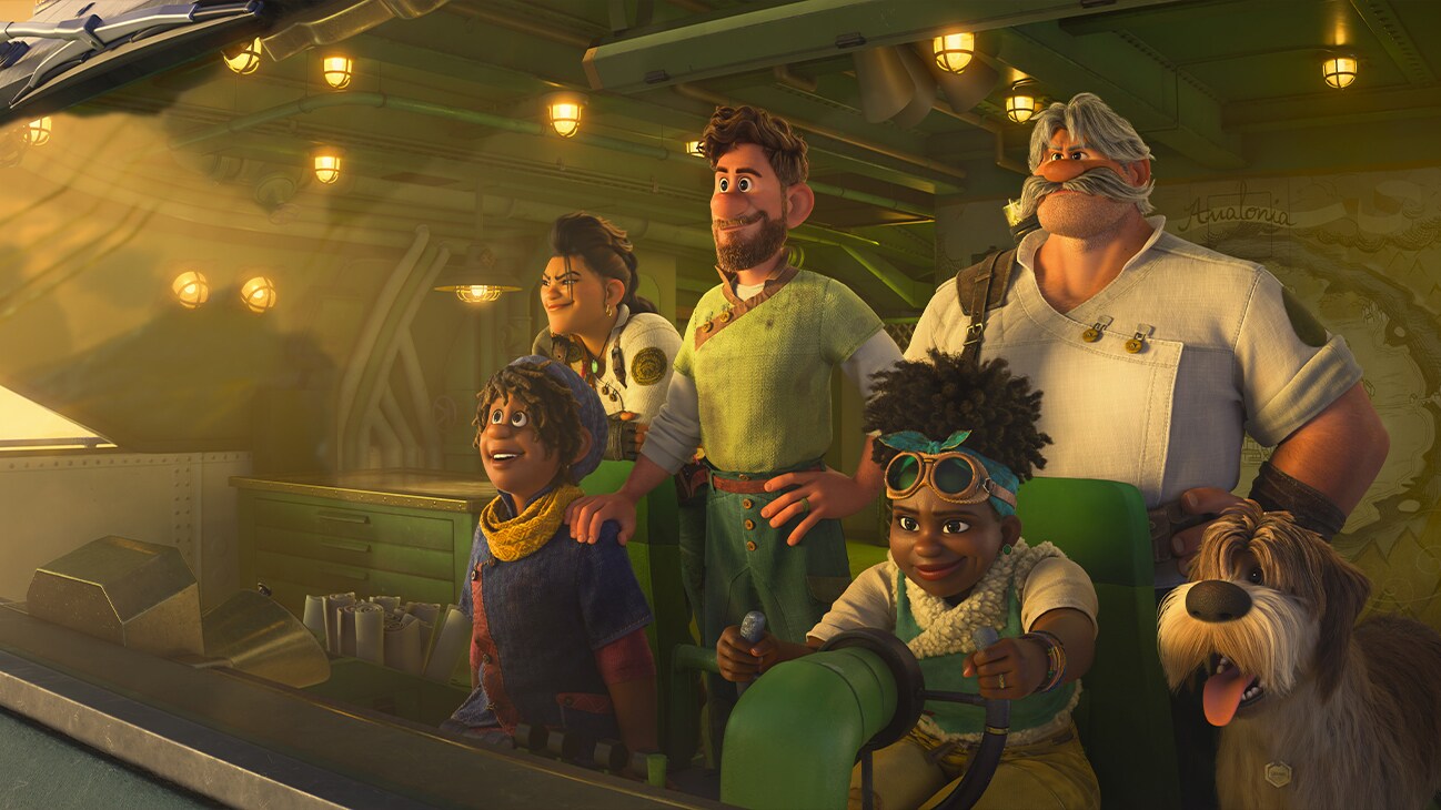 (L-R) Ethan Clade (voiced by Jaboukie Young-White), Callisto Mal (voiced by Lucy Liu), Searcher Clade (voiced by Jake Gyllenhaal), Jaeger Clade (voiced by Dennis Quaid), Meridian Clade (voiced by Gabrielle Union), and Legend look out from their ship as Meridian pilots.