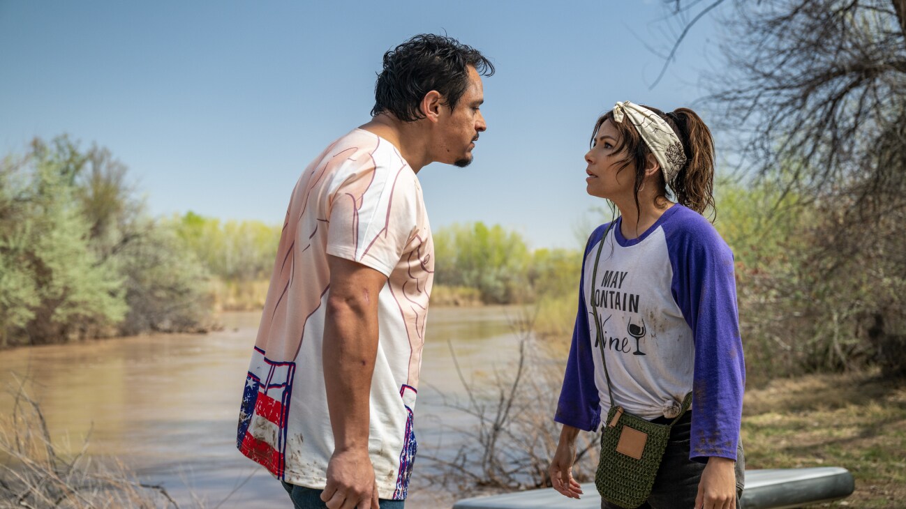 (L-R) Jesse Garcia as Frank Garcia and Eva Longoria as Val Garcia in Disney's ALEXANDER AND THE TERRIBLE, HORRIBLE, NO GOOD, VERY BAD ROAD TRIP. Photo by Anna Kooris. © 2024 Disney Enterprises, Inc. All Rights Reserved.