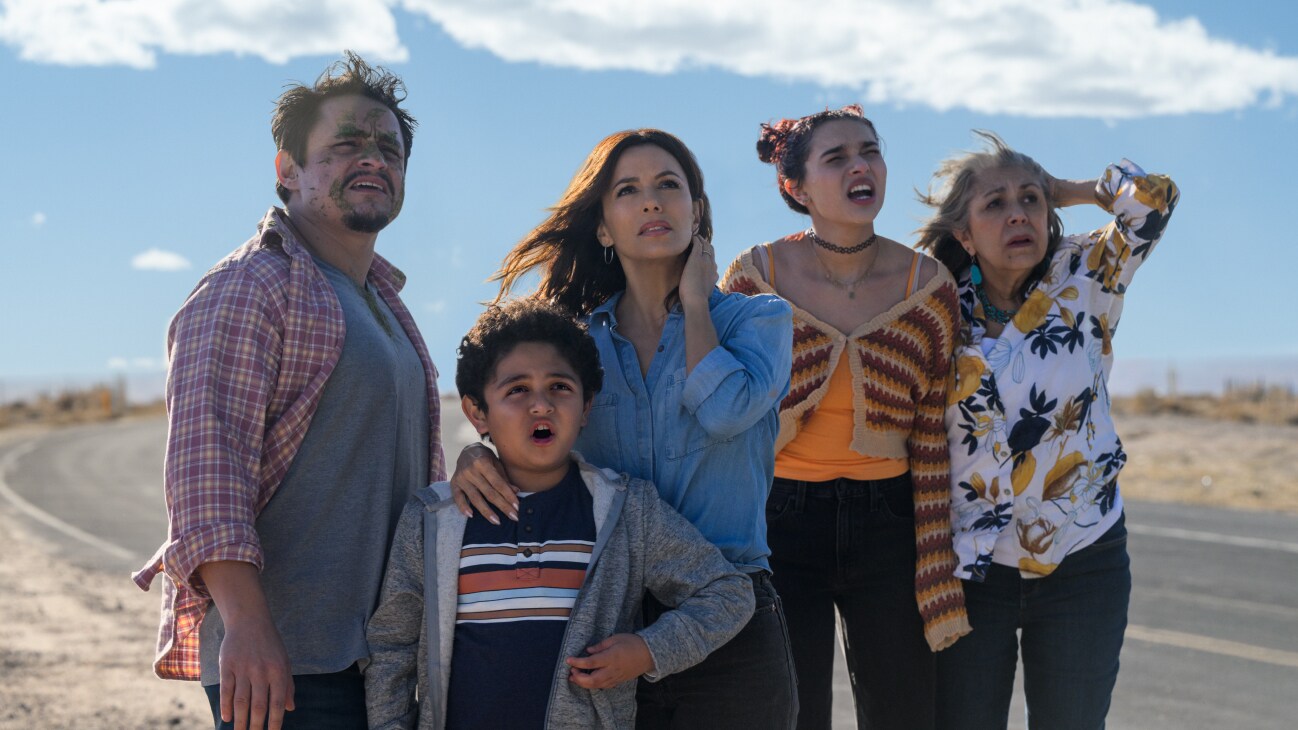 (L-R) Jesse Garcia as Frank Garcia, Thom Nemer as Alexander Garcia, Eva Longoria as Val Garcia,  Paulina Chávez as Mia Garcia and Rose Portillo as Lidia in Disney's ALEXANDER AND THE TERRIBLE, HORRIBLE, NO GOOD, VERY BAD ROAD TRIP. Photo by Anna Kooris. © 2024 Disney Enterprises, Inc. All Rights Reserved.