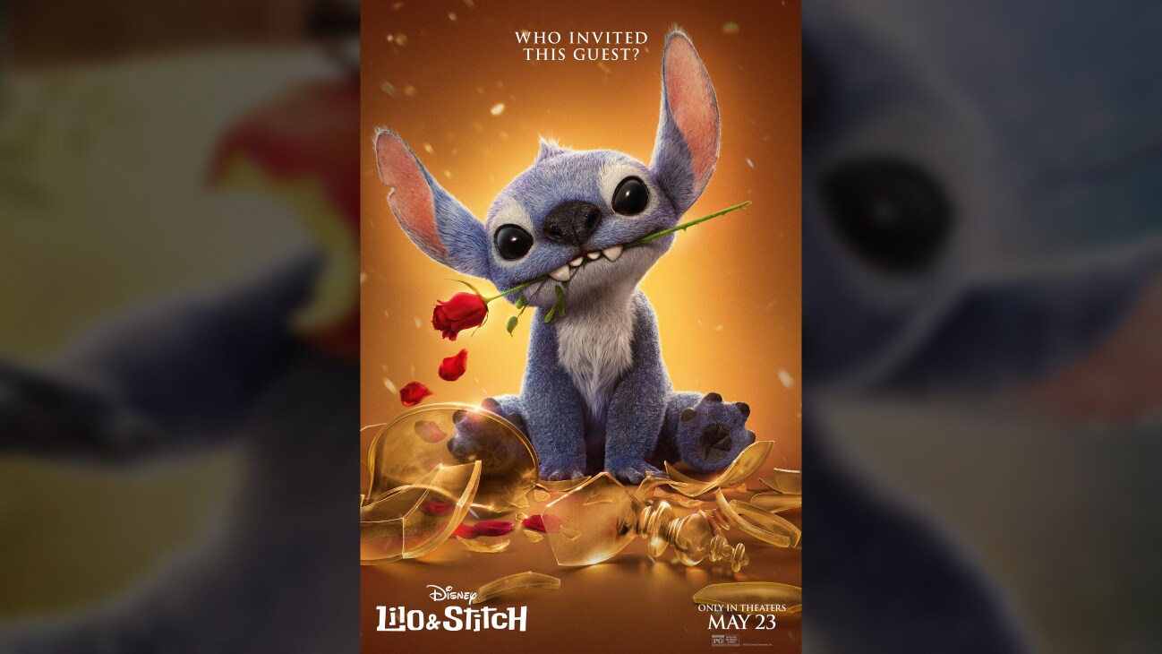 Image of Stitch holding a rose in his teeth | Who invited this guest? | Disney | Lilo & Stitch | Only in theaters May 23 | movie poster