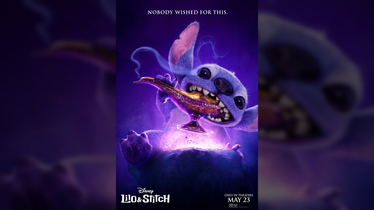 Image of Stitch holding a Genie's bottle in his teeth | Nobody wished for this. | Disney | Lilo & Stitch | Only in theaters May 23 | movie poster