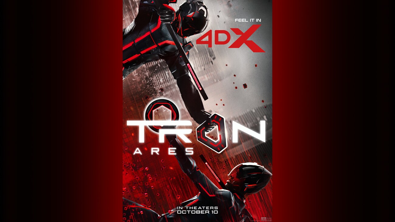 Still image of an two helmeted individuals pointing discs at each other. | Tron: Ares | Feel it in 4DX | In theaters October 10 | Rated PG-13 | movie poster