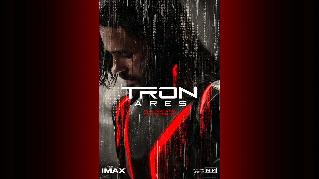 Image of Ares (Jared Leto) with digital characters appearing as falling rain. | Tron: Ares | In theaters October 10 | Filmed for IMAX | Featuring original music by NIN | Rated PG-13 | © 2025 Disney Enterprises, Inc. All Rights Reserved | poster image