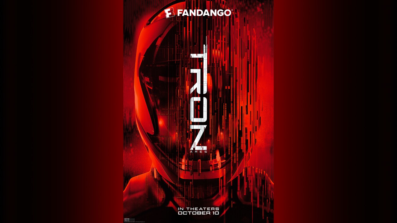 Still image of a the head of a helmeted individual. | Tron: Ares | Fandango | In theaters October 10 | Rated PG-13 | movie poster