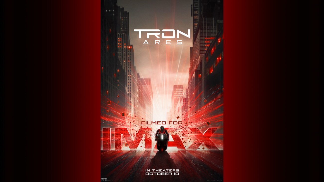 Still image of an individual on a light cycle riding through a city. | Tron: Ares | Filmed for IMAX | In theaters October 10 | Rated PG-13 | movie poster