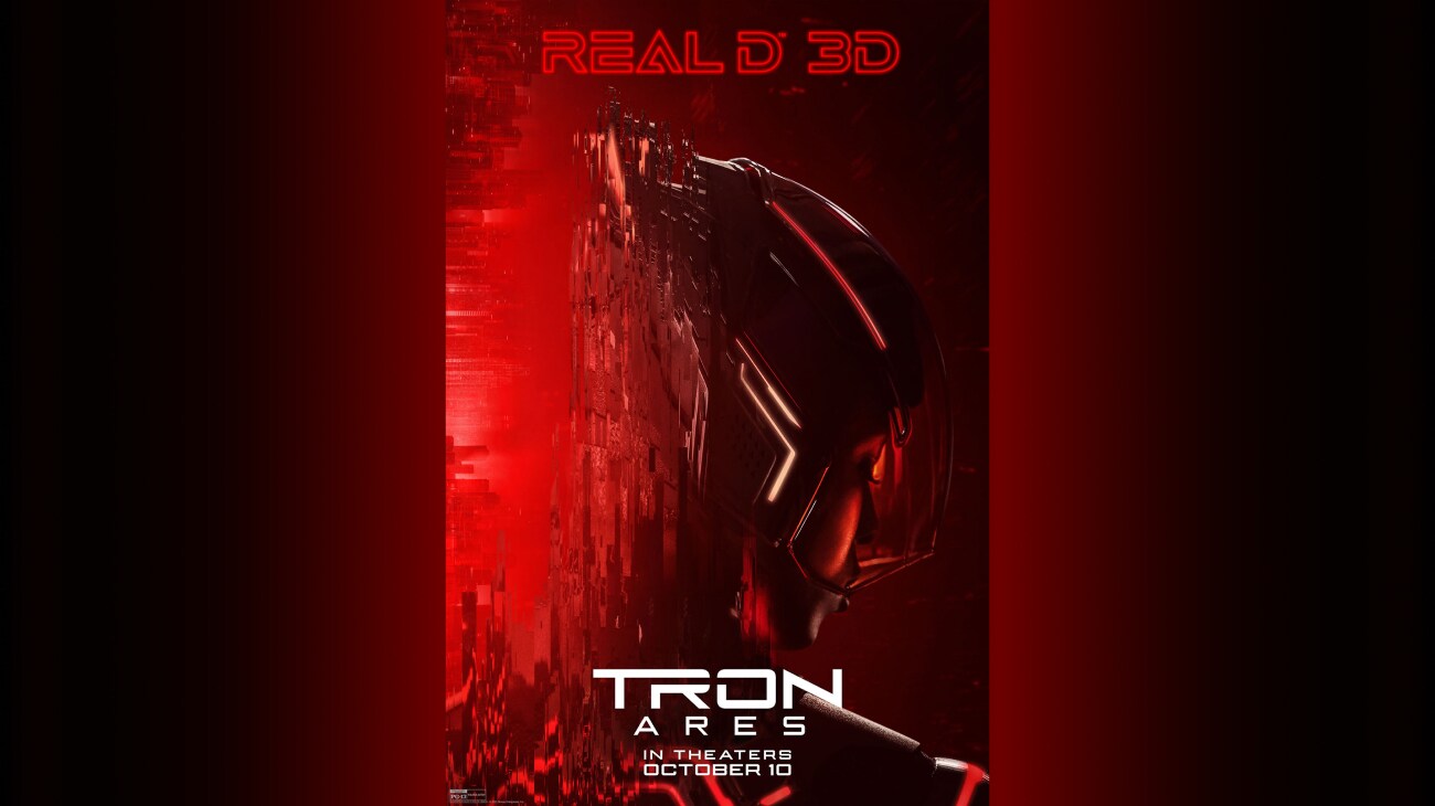 Still image of a helmeted individual looking into the distance. | Tron: Ares | Real D 3D | In theaters October 10 | Rated PG-13 | movie poster