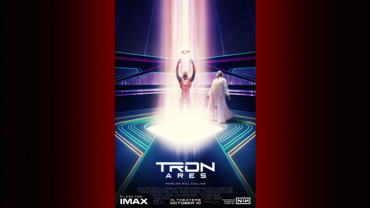 Retro image of Ares reaching for a disc above his head while Flynn watches | Tron: Ares | Filmed for IMAX | In theaters October 10 | movie poster