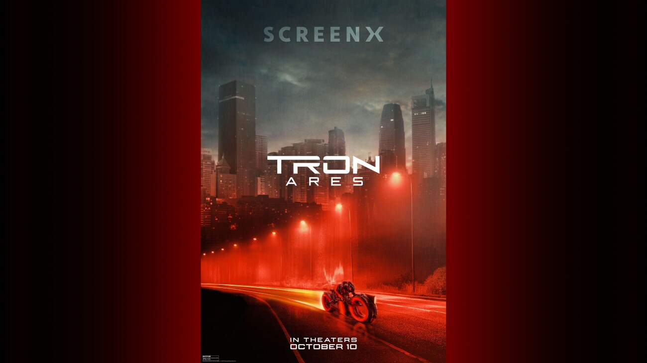 Still image of an individual on a light cycle riding through the outskirts of a city. | Tron: Ares | SCREEN X | In theaters October 10 | Rated PG-13 | movie poster