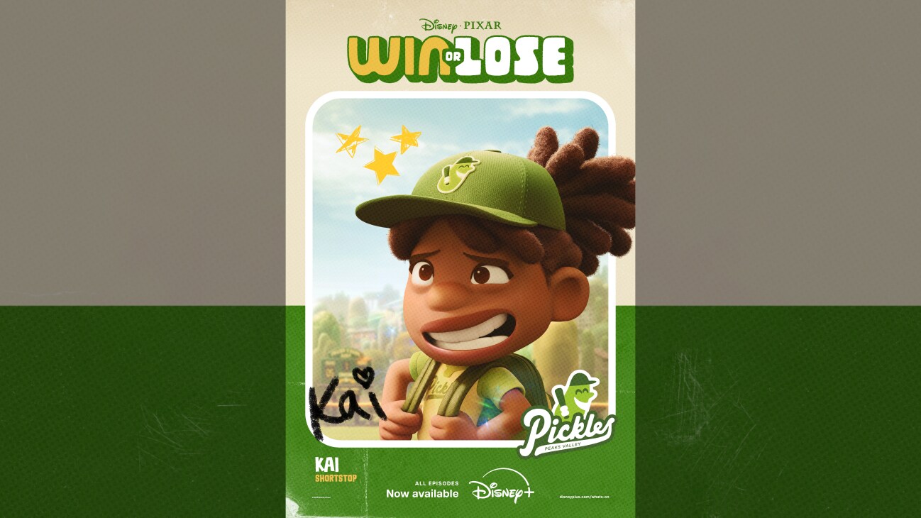 Image of Kai wearing a backpack. | Disney•Pixar | Win or Lose | Kai | Shortstop | Peaks Valley Pickles | All episodes now available | Disney+ | movie poster