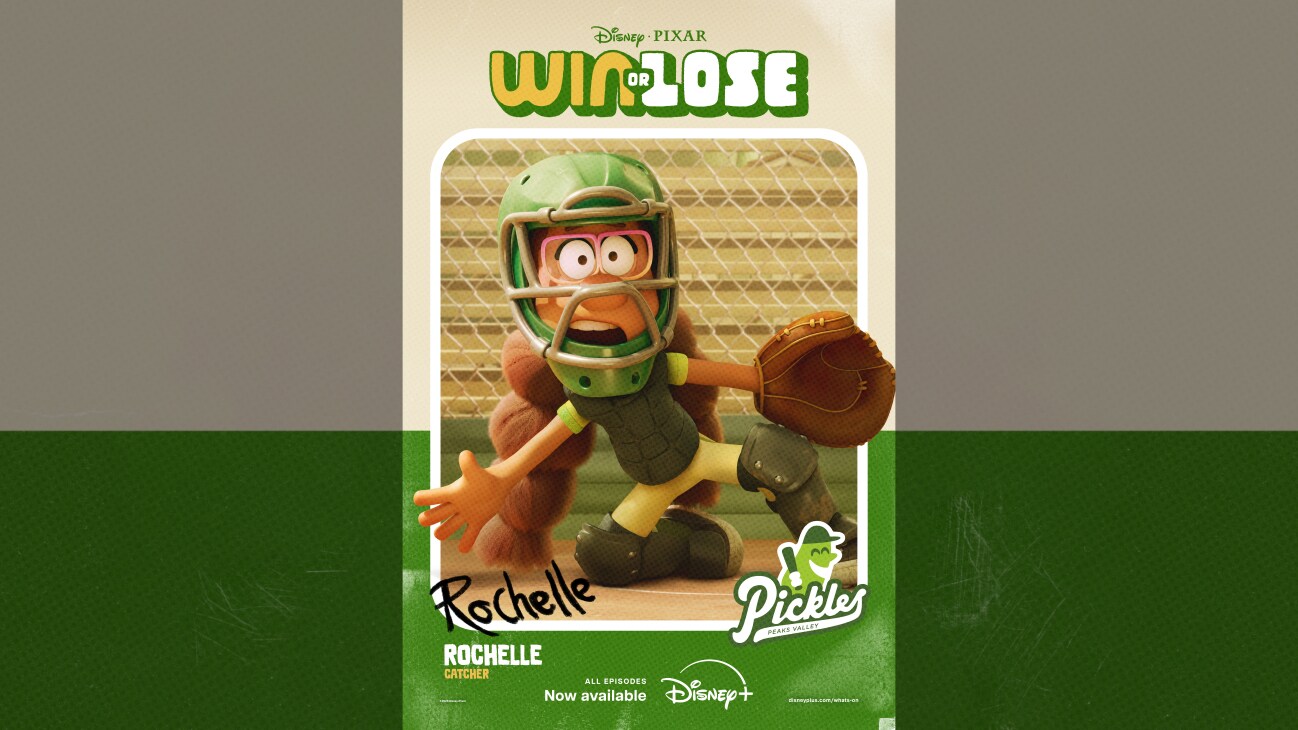 Animated image of Rochelle with a startled look in a softball/baseball catcher's uniform | Disney•Pixar | Win or Lose | Rochelle | Catcher | Peaks Valley Pickles | All episodes now available | Disney+ | movie poster