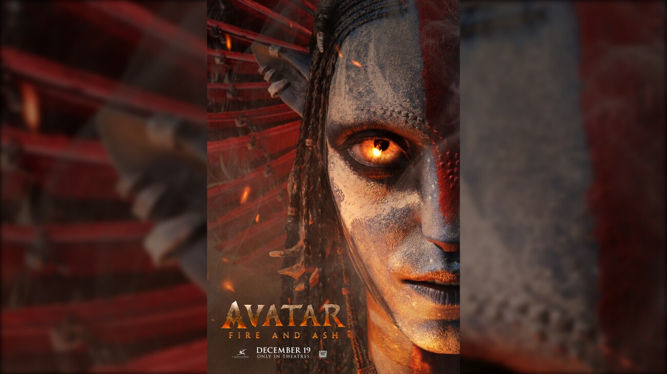 Varang stares ahead with half of her face visible, and glowing embers falling around her | Avatar: Fire and Ash | December 19 | Only in theatres | movie poster