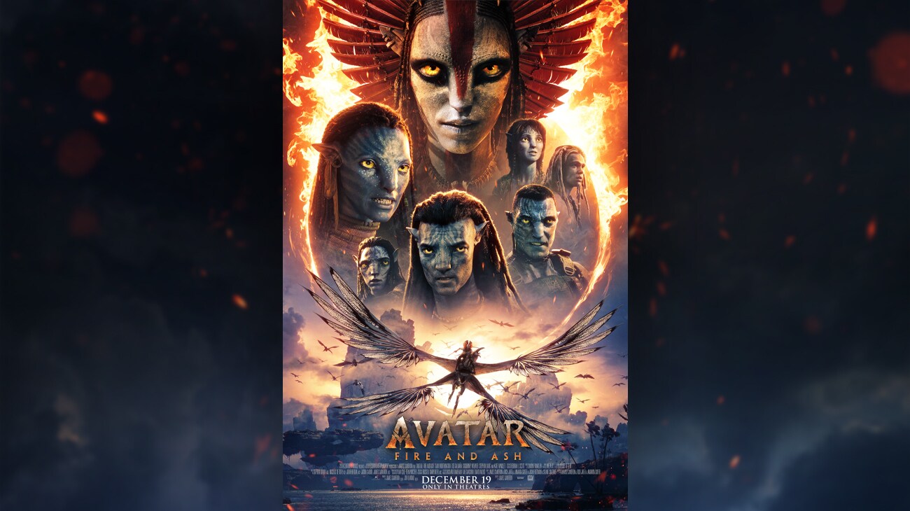 Image of several profiles of characters including Varang, Neytiri, Jake Sully, Colonel Miles Quaritch, Spider, and Kiri.  There is a winged creature below their images. | Avatar: Fire and Ash | December 19 | Only in theatres | movie poster