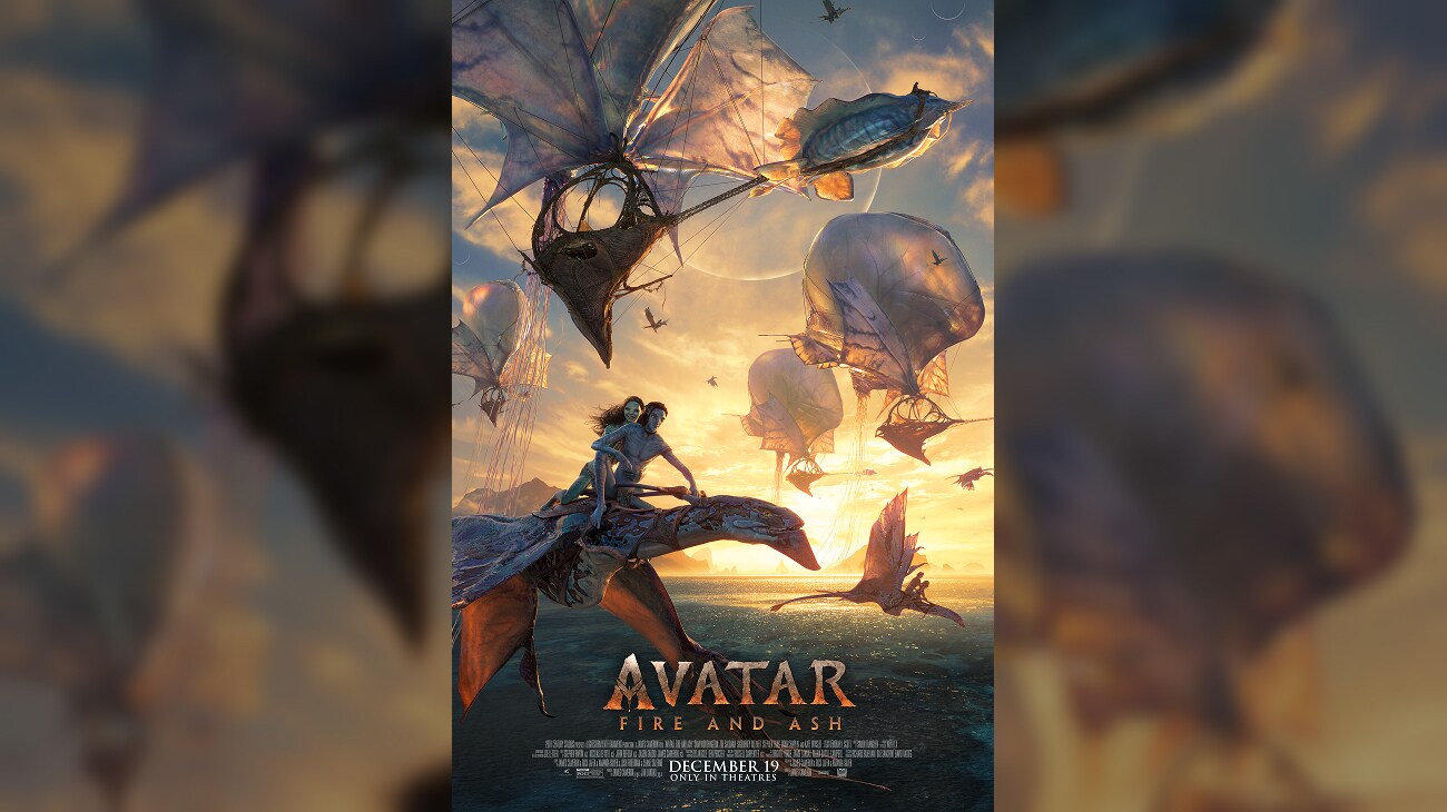 Image of Tsireya and Loak riding on a banshee. There are hot air ballon-like Medusoids in the background. | Avatar: Fire and Ash | December 19 | Only in theatres