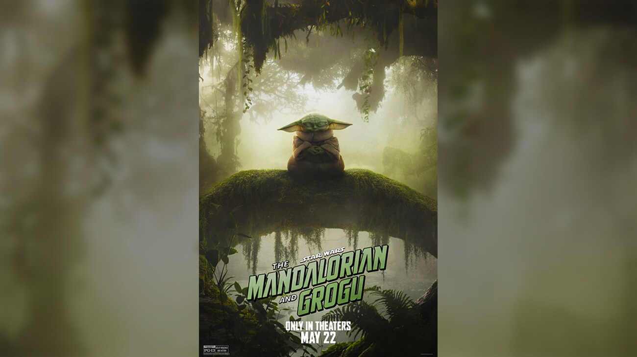 Image of Grogu meditating on a tree branch from the movie, "Star Wars: The Mandalorian and Grogu." | Only in theaters May 22 | movie poster