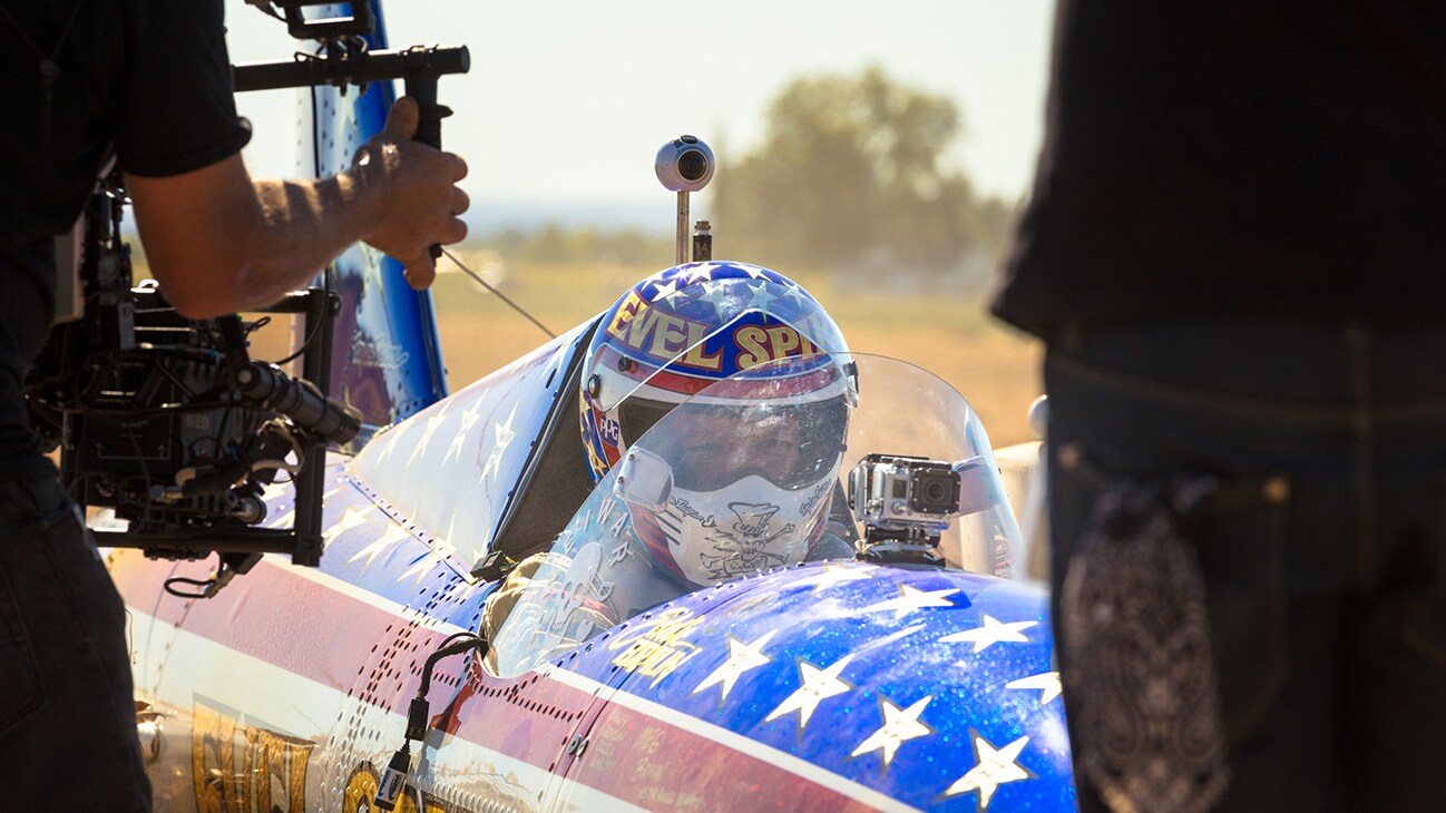 Image of Eddie Braun in his rocket from the Disney+ Originals movie Stuntman. (Disney/ Steve Dondero)