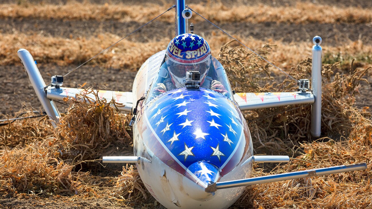 Image of Eddie Braun in his rocket from the Disney+ Originals movie Stuntman. (Disney/ Steve Dondero)